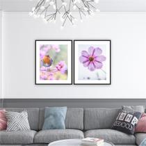 Quadro 60x100cm Flor Pássaro Lilás Moldura Vidro