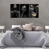 Quadro 90x60cm 3pçs mulheres negras dourado canva