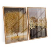 Quadro Abstrato Árvore Tons Marrom e Bege Dourado Kit 2 Telas C/ Moldura e Vidro Decorativo - Bimper