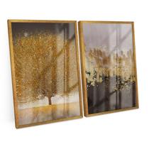 Quadro Abstrato Árvore Tons Marrom e Bege Dourado Kit 2 Telas C/ Moldura e Vidro Decorativo - Bimper