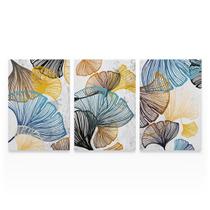 Quadro Abstrato Folhas Colorida Ginkgo Leaves Kit 3 Telas Decorativo Para Quarto - Bimper