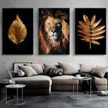 Quadro Abstrato Folhas Leão Black e Dourado - Kit 3 telas Quadro Abstrato Folhas Leão Black e Dourado - Kit 3 telas