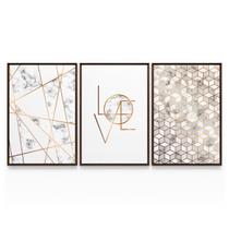 Quadro Abstrato Geométrico Gold Love Kit 3 Telas Com Moldura Para Sala Quarto Hall - Bimper