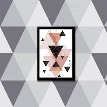 Quadro Abstrato Geométrico Triângulos Cinza, Preto e Rosa I 24x18cm - com vidro