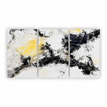 Quadro Abstrato Manchas Preto Branco Amarelo Canvas 125X65Cm