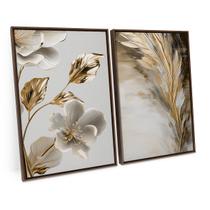 Quadro Abstrato Moderno Flores Da Vida De Ouro Branca Grande C/ Moldura - Bimper