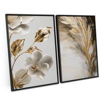 Quadro Abstrato Moderno Flores Da Vida De Ouro Branca Grande C/ Moldura - Bimper
