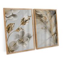 Quadro Abstrato Moderno Flores Ouro Branca Dourado Grande Kit 120x80 cm C/ Moldura e Vidro - Bimper