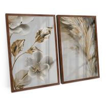 Quadro Abstrato Moderno Flores Ouro Branca Dourado Grande Kit 120x80 cm C/ Moldura e Vidro - Bimper