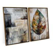 Quadro Abstrato Moderno Folha Seca Pinceladas Cinza Kit 2 Telas Canvas 120x80 Grande Moldura - Bimper