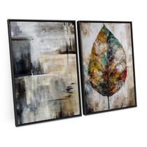 Quadro Abstrato Moderno Folha Seca Pinceladas Cinza Kit 2 Telas Canvas 120x80 Grande Moldura - Bimper