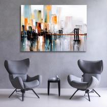 Quadro Abstrato Moderno Para Escritorio Cidades Tela Tecido e Madeira 60x90