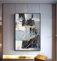 Quadro Abstrato Preto, Dourado e tons de Azul - Moldura Caixa + Foam + Vidro em Vários Tamanhos - Artfine Quadro Abstrato Preto, Dourado e tons de Azul - Moldura Caixa + Foam + Vidro em Vários Tamanhos - Artfine