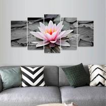 Quadro Água Flor Lírio De Rosa Aquático Mosaico 5 Peças