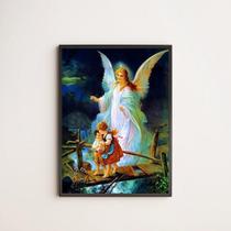 Quadro Anjo Da Guarda Com Crianças 45X34Cm Moldura Preta