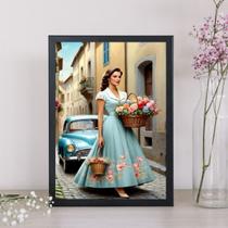 Quadro Anos 50 - Mulher Carro e Flores 45x34cm - com vidro Quadro Anos 50 - Mulher Carro e Flores 45x34cm - com vidro