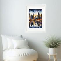 Quadro Aquarela Paisagem Noturna Cidade - 60x48cm
