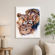 Quadro Arte Aquarela Família De Leões - Wildlife 45x34cm