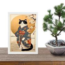 Quadro Arte Oriental Paisagem Com Gato 45X34Cm - Com Vidro