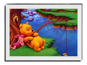 Quadro Arte Ursinho Puff & Leitão Pescando Moldura Branca