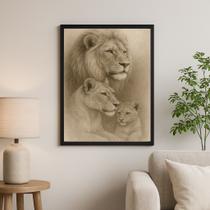 Quadro Artístico Família De Leões Bege - 1 Filhote 45x34cm Quadro Artístico Família De Leões Bege - 1 Filhote 45x34cm