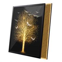 Quadro Arvore Da Vida Dourada Pássaro Branco Moldura e Vidro