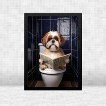 Quadro Banheiro Cão Shiatsu Lendo Jornal 33X24Cm - Com Vidro