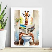 Quadro Banheiro Girafa Lendo Jornal- Aquarela 24x18cm - com vidro