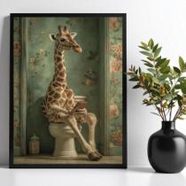 Quadro Banheiro Girafa No Vaso Com Celular 45X34Cm - Com Vidro