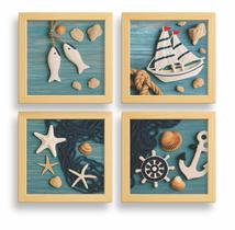 Quadro Banheiro Lavabo Cozinha Praia Mar Azul Peixinho Kit 4