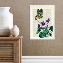 Quadro Borboleta Com Flores - Vintage 33x24cm - com vidro