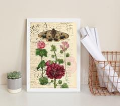 Quadro Borboleta e Flor Vintage 33x24cm Moldura Branca