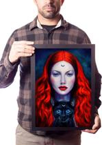 Quadro Bruxa Cabelos Vermelhos Gato Preto Arte Wicca