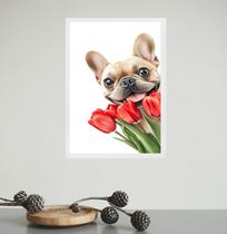 Quadro Bulldog Francês Com Flores Tulipas 24x18cm