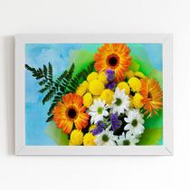 Quadro Buquê Mix de Flores Coloridas Moldura Branca 60x40cm
