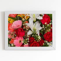 Quadro Buquê Mix de Flores Rosas Moldura Branca 60x40cm