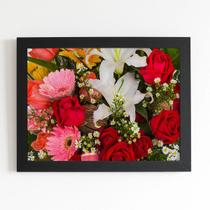 Quadro Buquê Mix de Flores Rosas Moldura Preta 60x40cm
