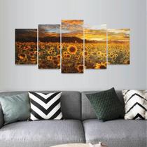 Quadro Campo De Flores Pôr Do Sol Girassol Mosaico 5 Peças