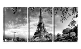 Quadro canvas 30x66 torre Eiffel entre folhas pb - Crie Life