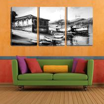 Quadro canvas 45x96 oo barcos pesqueiros arte pb