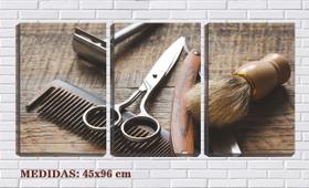 Quadro canvas 45x96 tesoura e gilete barbearia