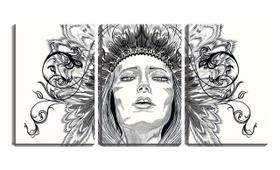 Quadro canvas 55x110 rosto com objetos indígenas arte