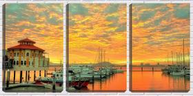 Quadro canvas 80x140 sol dourado no cais com barcos