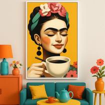 Quadro Canvas Frida Tomando Café 90x60cm Mold Preta Quadro Canvas Frida Tomando Café 90x60cm Mold Preta