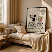 Quadro Canvas Gato Bike Retro 70x50cm Mold Preta Quadro Canvas Gato Bike Retro 70x50cm Mold Preta