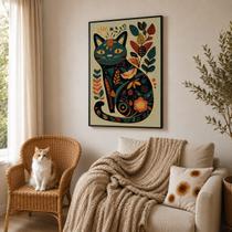 Quadro Canvas Gato Floral Folk Art 40x30cm Mold Preta Quadro Canvas Gato Floral Folk Art 40x30cm Mold Preta