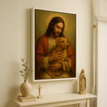 Quadro Canvas Jesus Com Cachorro Caramelo 40X30 Mold Preta