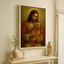 Quadro Canvas Jesus Com Cachorro Caramelo 90x60 Mold Preta