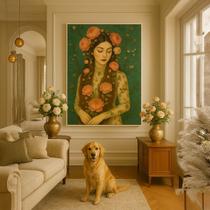 Quadro Canvas Mulher Ruiva Vintage Flores 40x30 Mold Branca