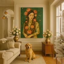 Quadro Canvas Mulher Ruiva Vintage Flores 70X50 Mold Branca Quadro Canvas Mulher Ruiva Vintage Flores 70X50 Mold Branca